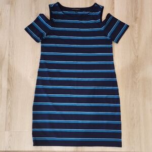 White House Black Market Navy and Blue Striped Cold-Shoulder Dress